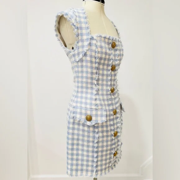 BALMAIN Blue & White Frayed gingham cotton-blend tweed Mini Dress FR36
